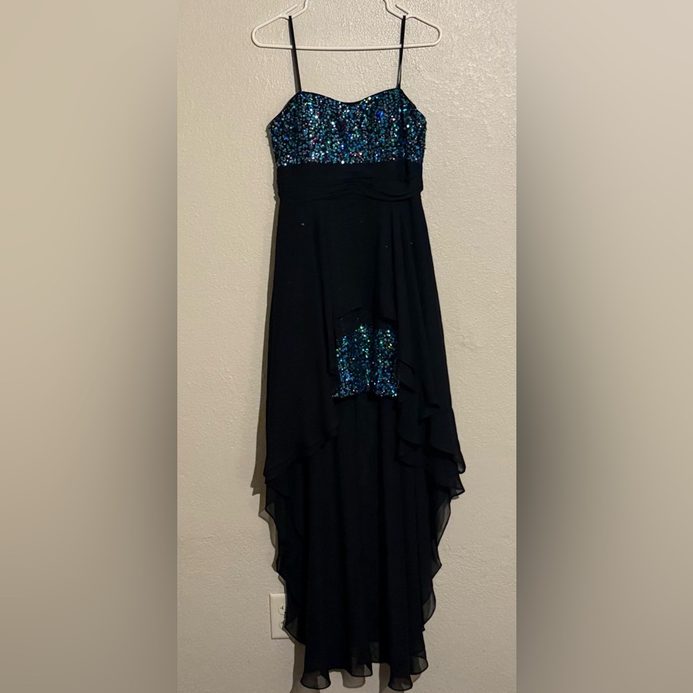Adrianna Papell Black and Blue Sequin Hi/Lo Formal Gown